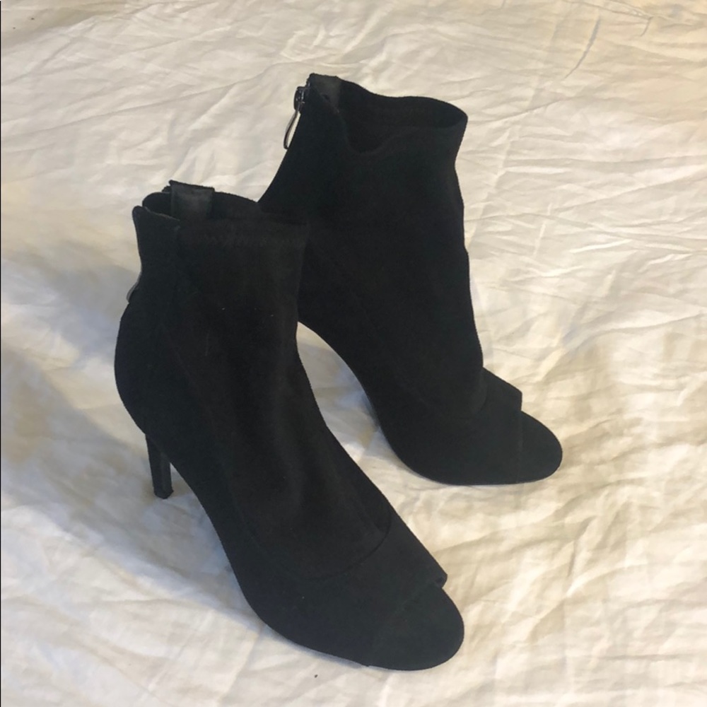 Size 7.5, Black ankle booties, stilettos, peep-toe
